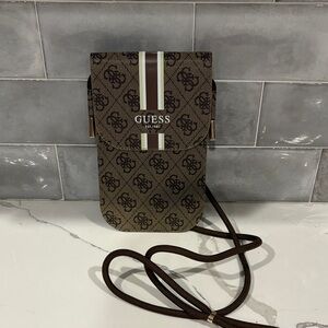 GUESS Brown and White Signature Crossbody Phone Pouch